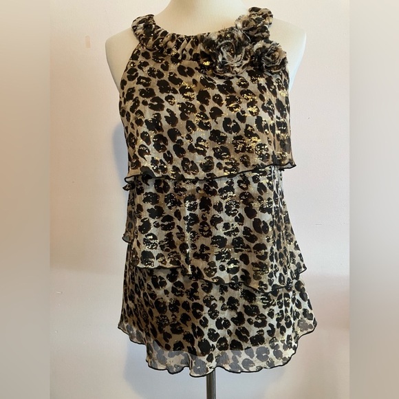 BCX Womens Animal Print Tank Top, Size Large, Tiered, Sheer, Black/Tan/Gold - Picture 1 of 7